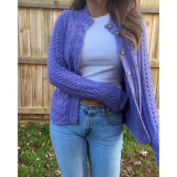 Vintage Periwinkle Cable-Knit Cardigan (Talbots, Made in USA) Purple Lavender - Picture 3 of 9